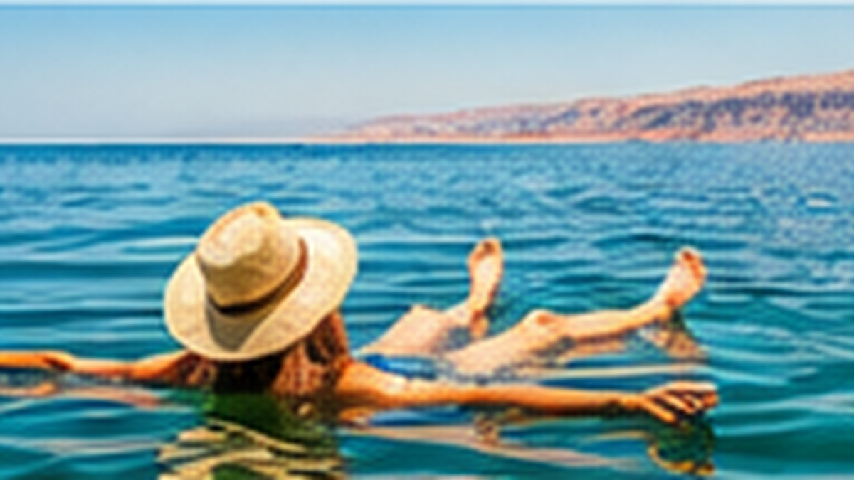 Dead Sea shoreline with salt formations and Jordanian hills