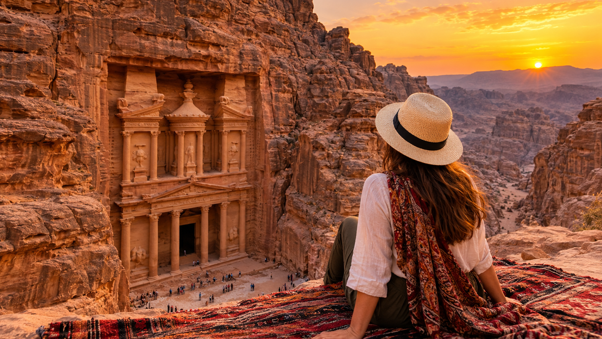 Petra Treasury seen through the Siq canyon in Jordan