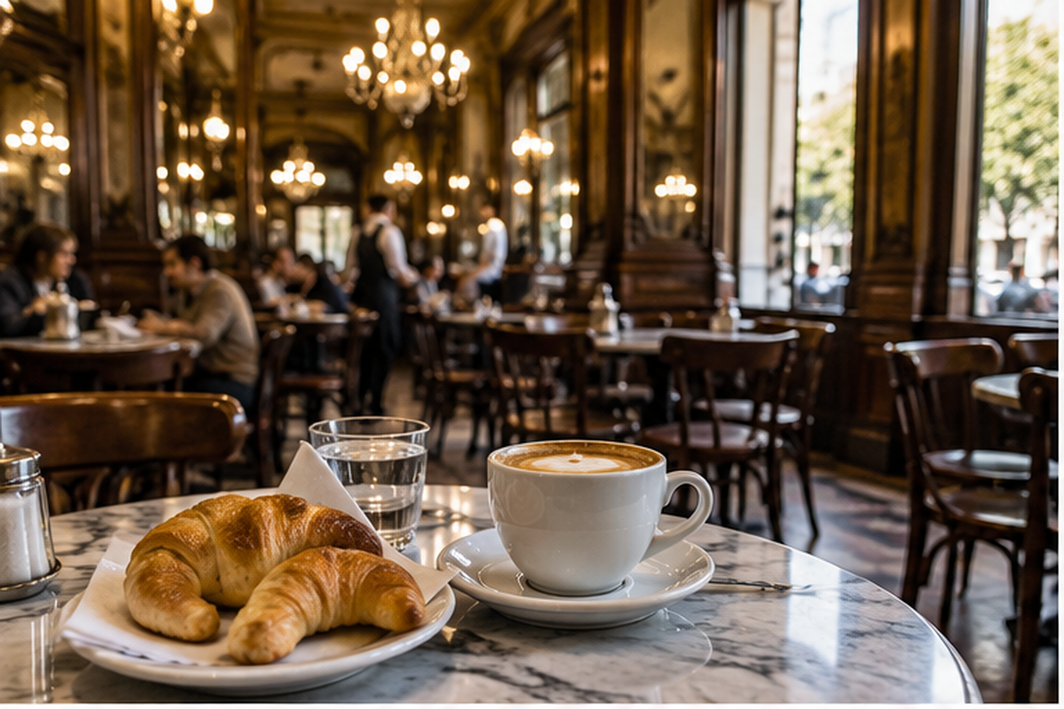 Traditional Buenos Aires café with coffee and medialunas in warm morning light