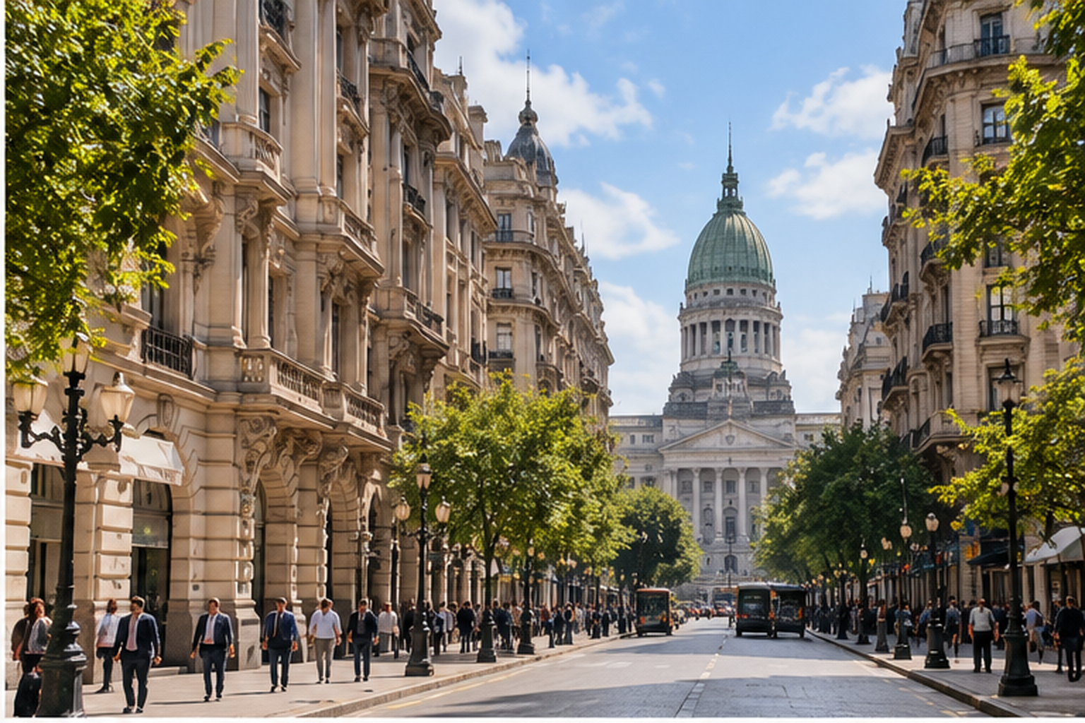 Grand Buenos Aires avenue lined with ornate European-style architecture and a domed civic building