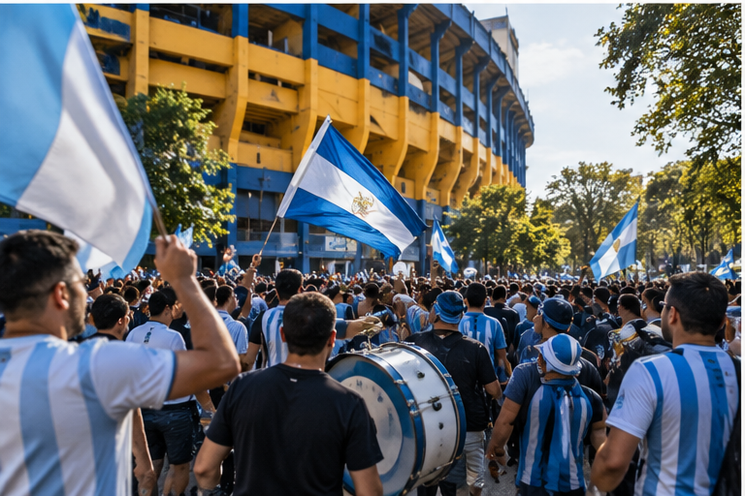 Passionate Argentine football supporters in blue and white gathering outside a Buenos Aires stadium