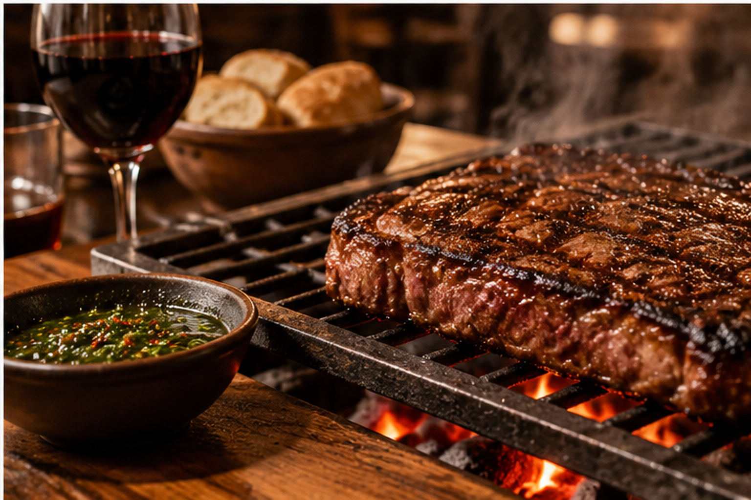 Argentine steak grilling over charcoal with chimichurri, bread and red wine