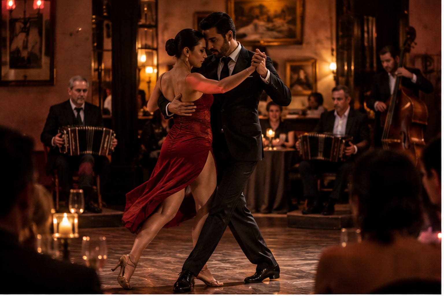 Tango couple dancing in an intimate Buenos Aires milonga with bandoneon musicians