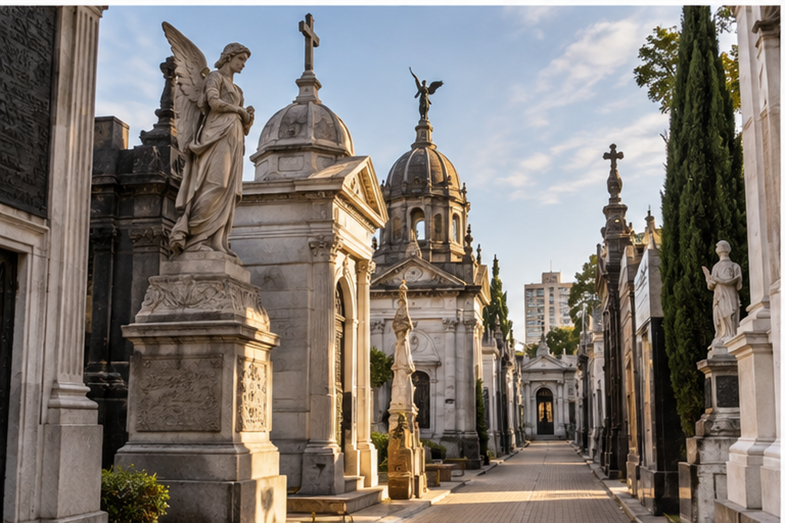 Recoleta Cemetery in Buenos Aires with ornate mausoleums, statues and cypress trees
