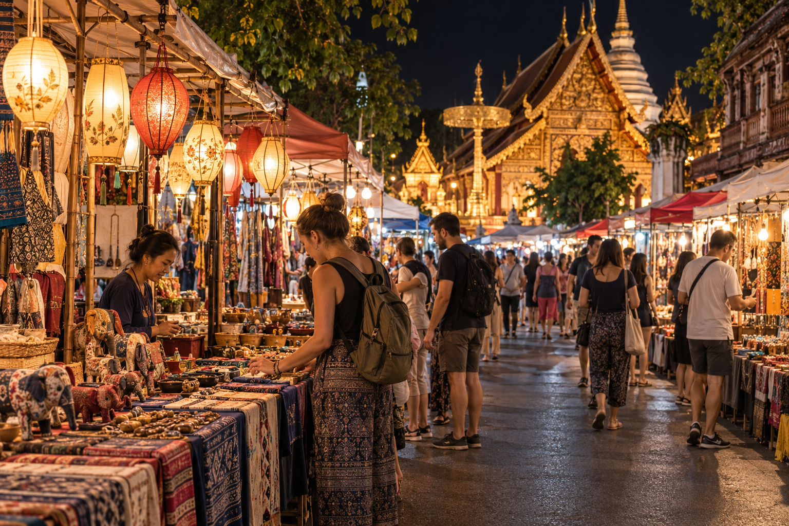 Lantern-lit craft and food stalls at a Chiang Mai night market