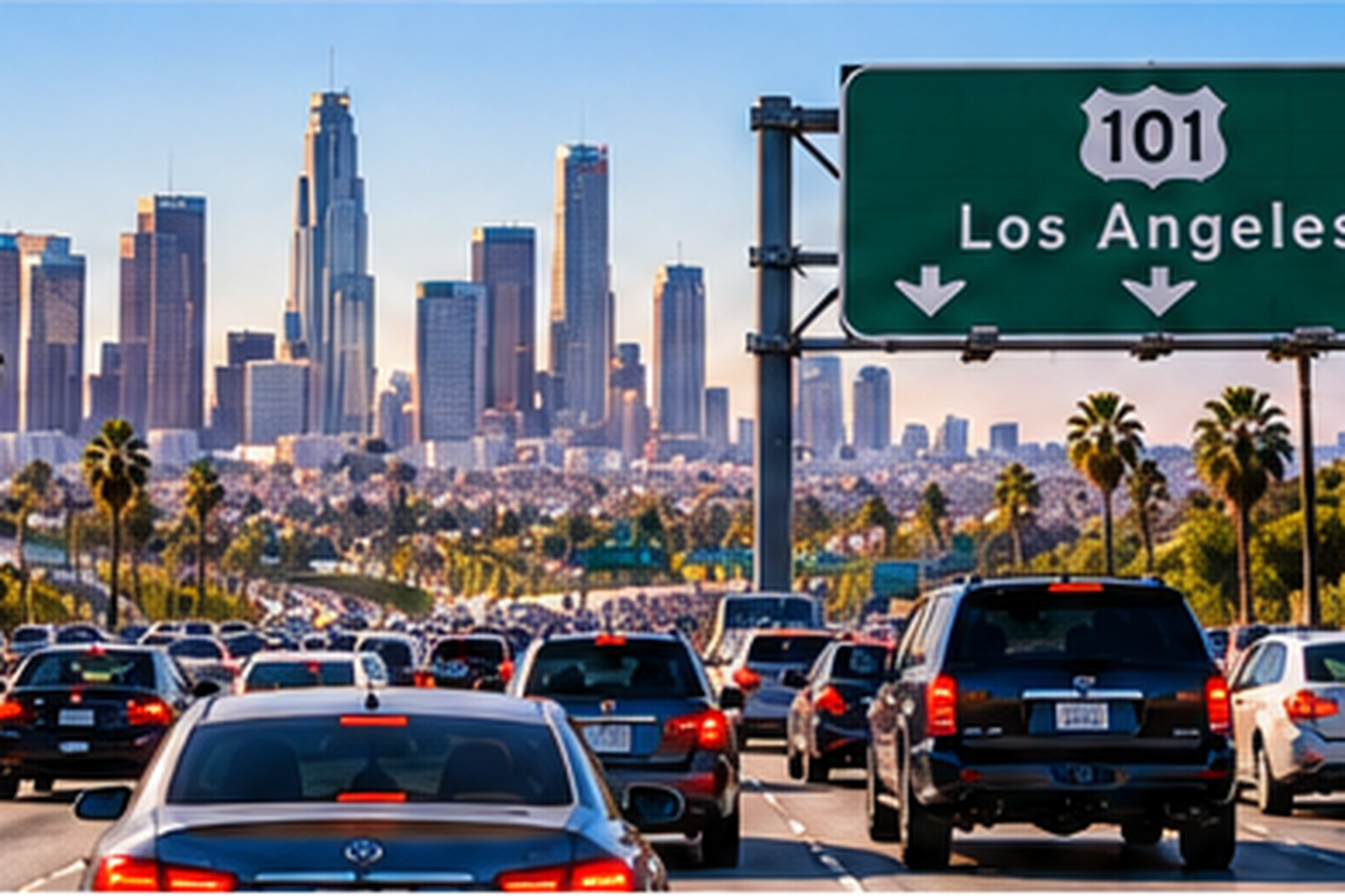Los Angeles freeway traffic at sunset with downtown skyline