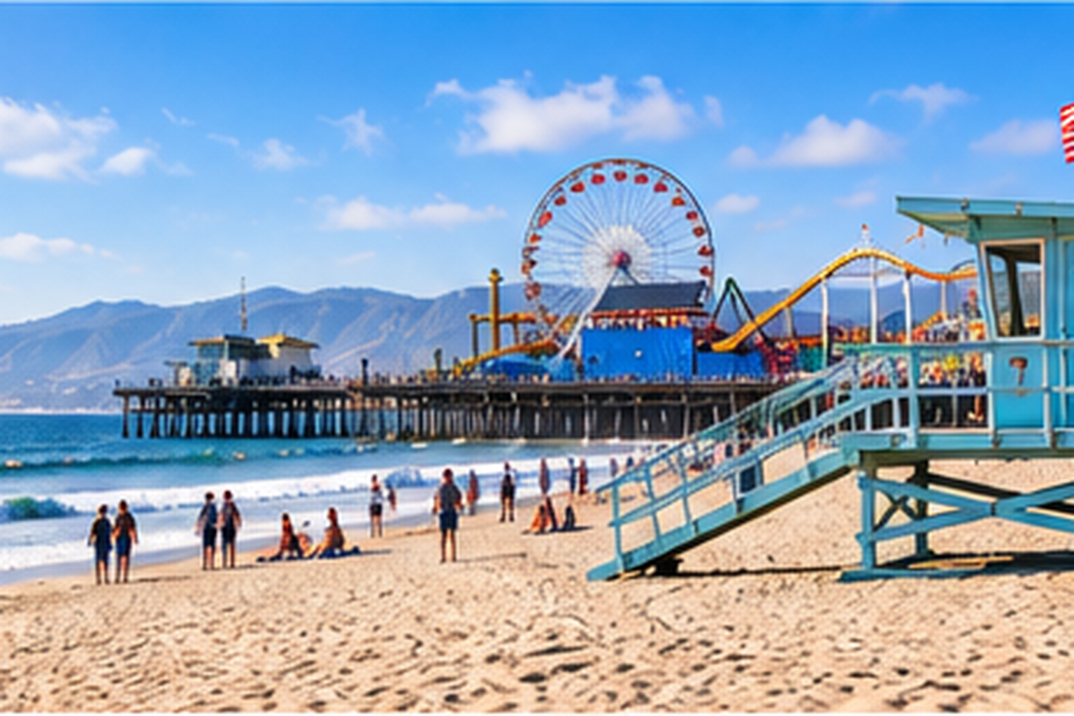 Santa Monica beach and pier on a bright Southern California day