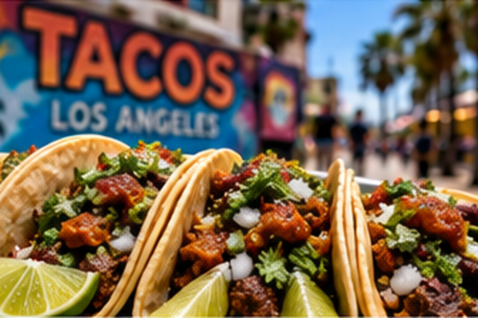 Busy Los Angeles food market with tacos and diners