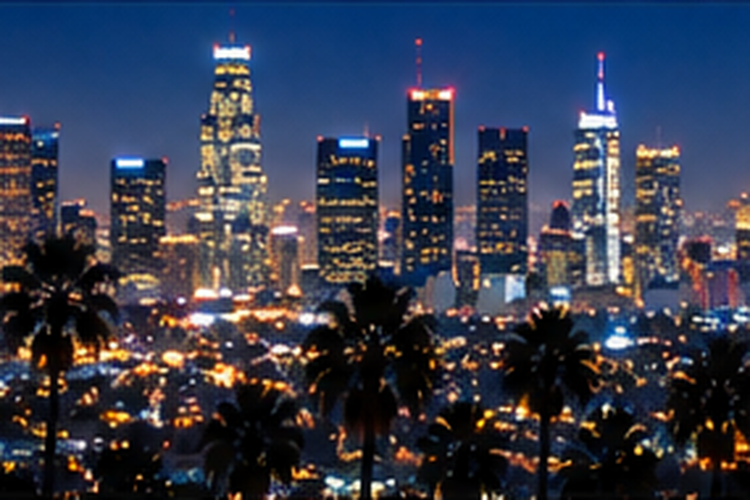 Los Angeles skyline and palm trees under a vivid sunset sky