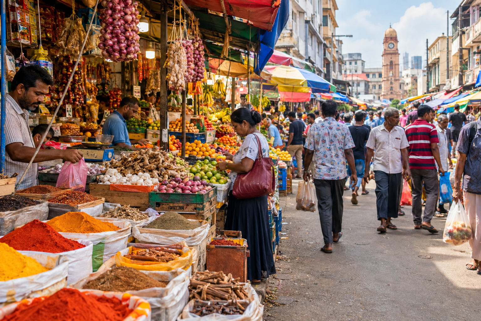 Busy Pettah market in Colombo with fruit and spice stalls