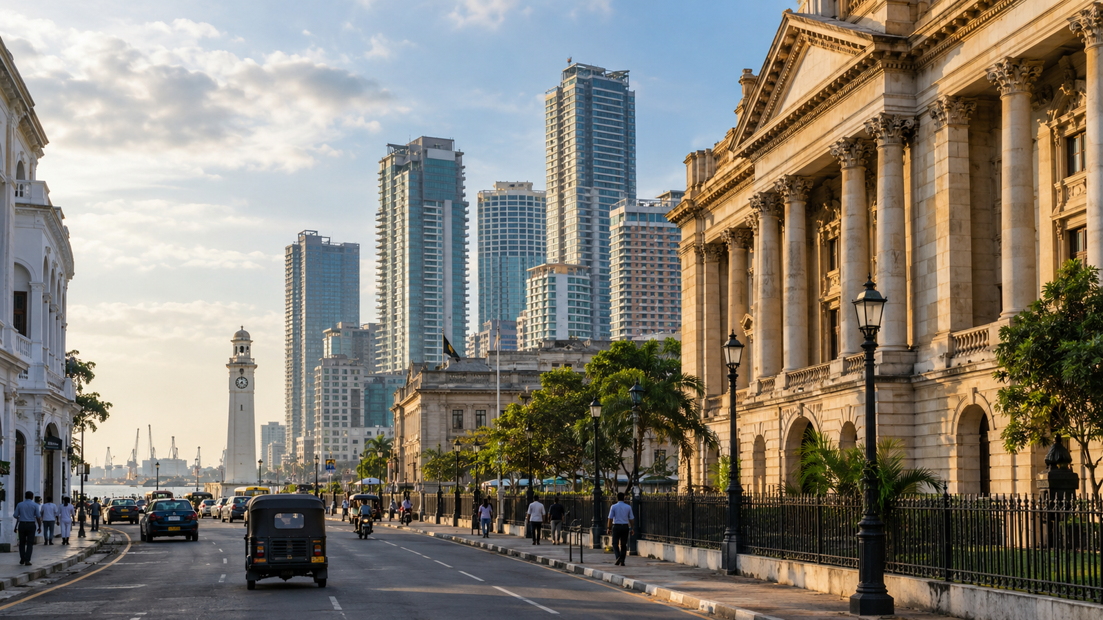 Colonial-era architecture and modern streets in Colombo Fort