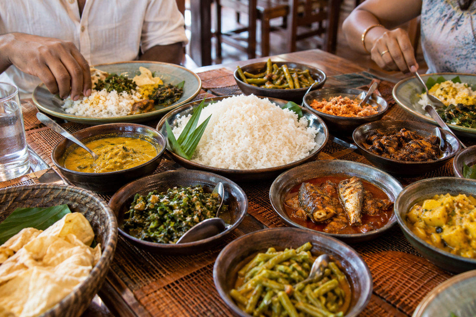 Sri Lankan rice and curry meal with several small dishes