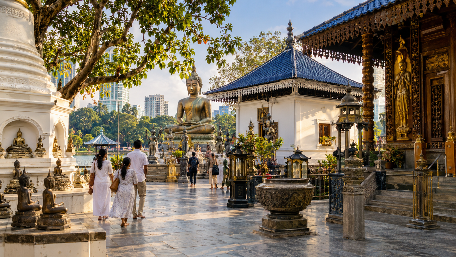 Visitors at a Buddhist temple courtyard in Colombo