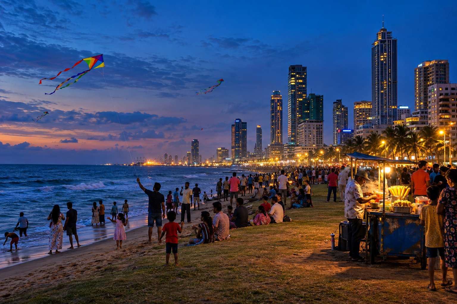 Families and street vendors beside the Indian Ocean at Galle Face Green