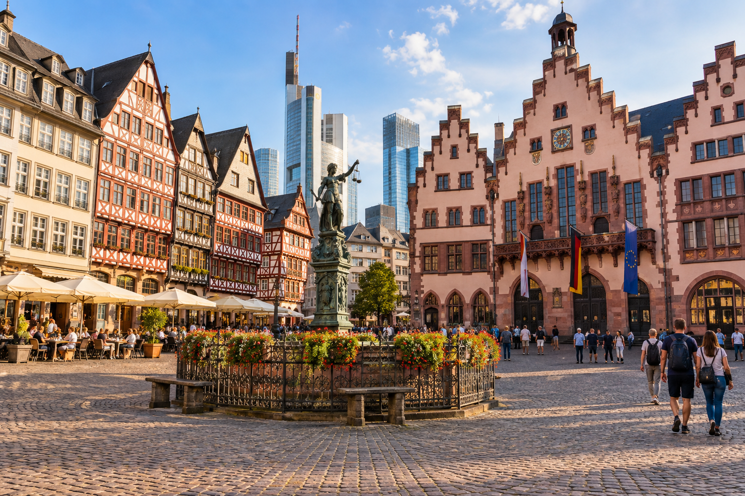 Römerberg square in Frankfurt with historic architecture and the modern skyline beyond