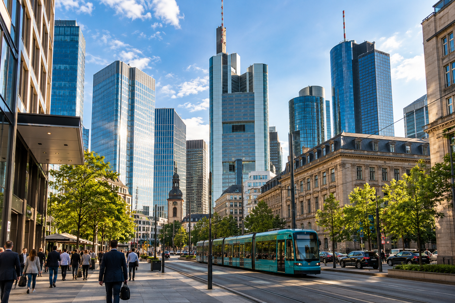 Frankfurt financial district with skyscrapers commuters and city streets