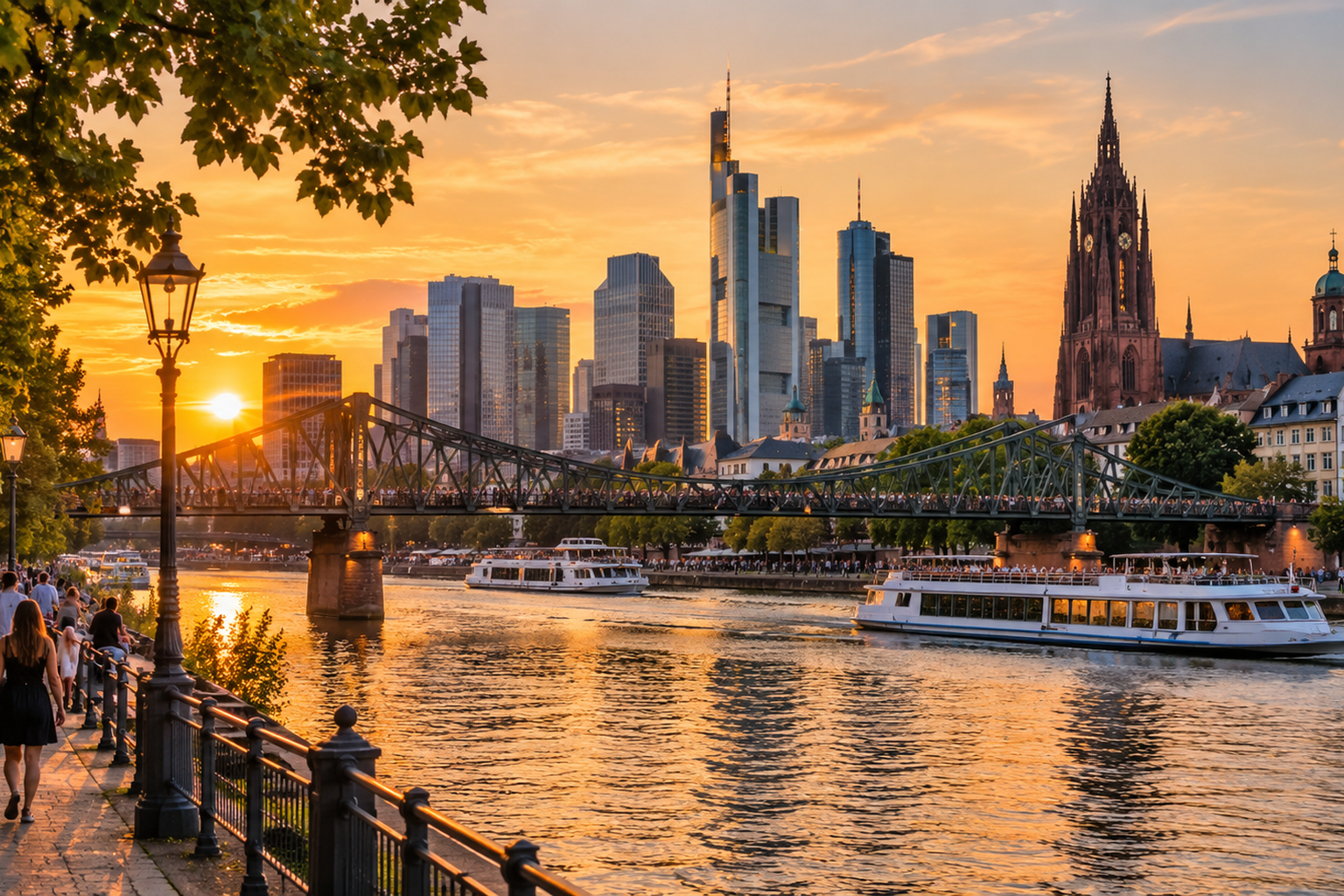 Main River in Frankfurt at sunset with bridge boats skyline and cathedral