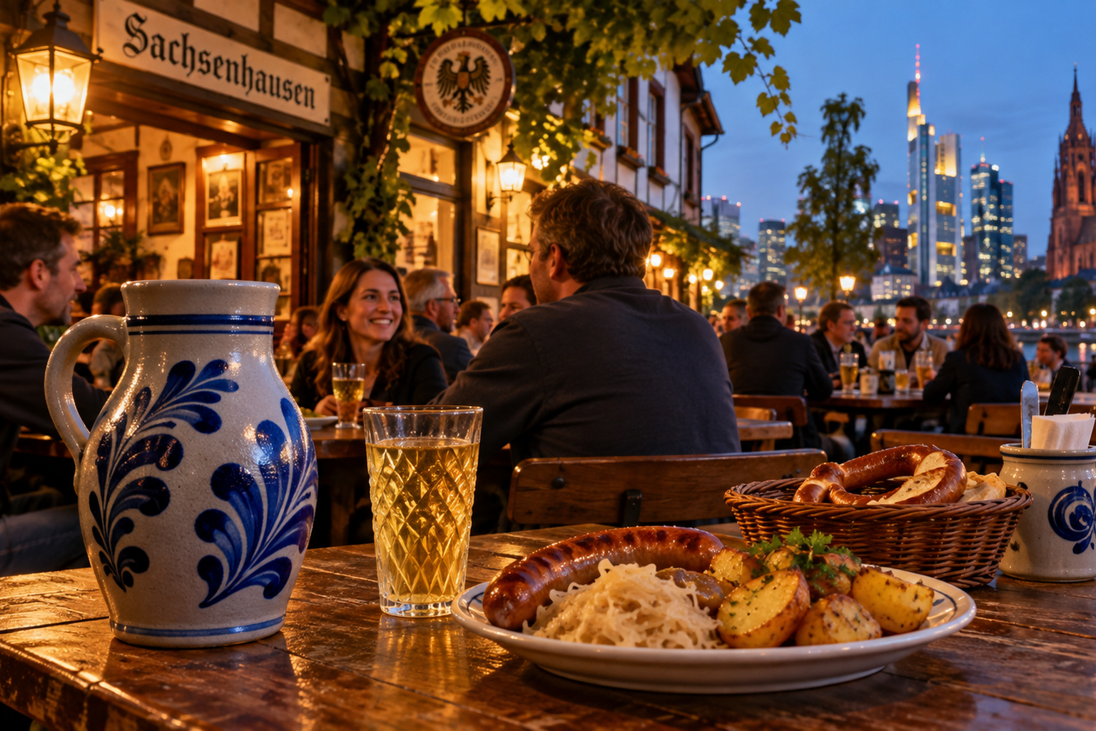Traditional Sachsenhausen apple wine tavern with Bembel jug diners and Frankfurt skyline