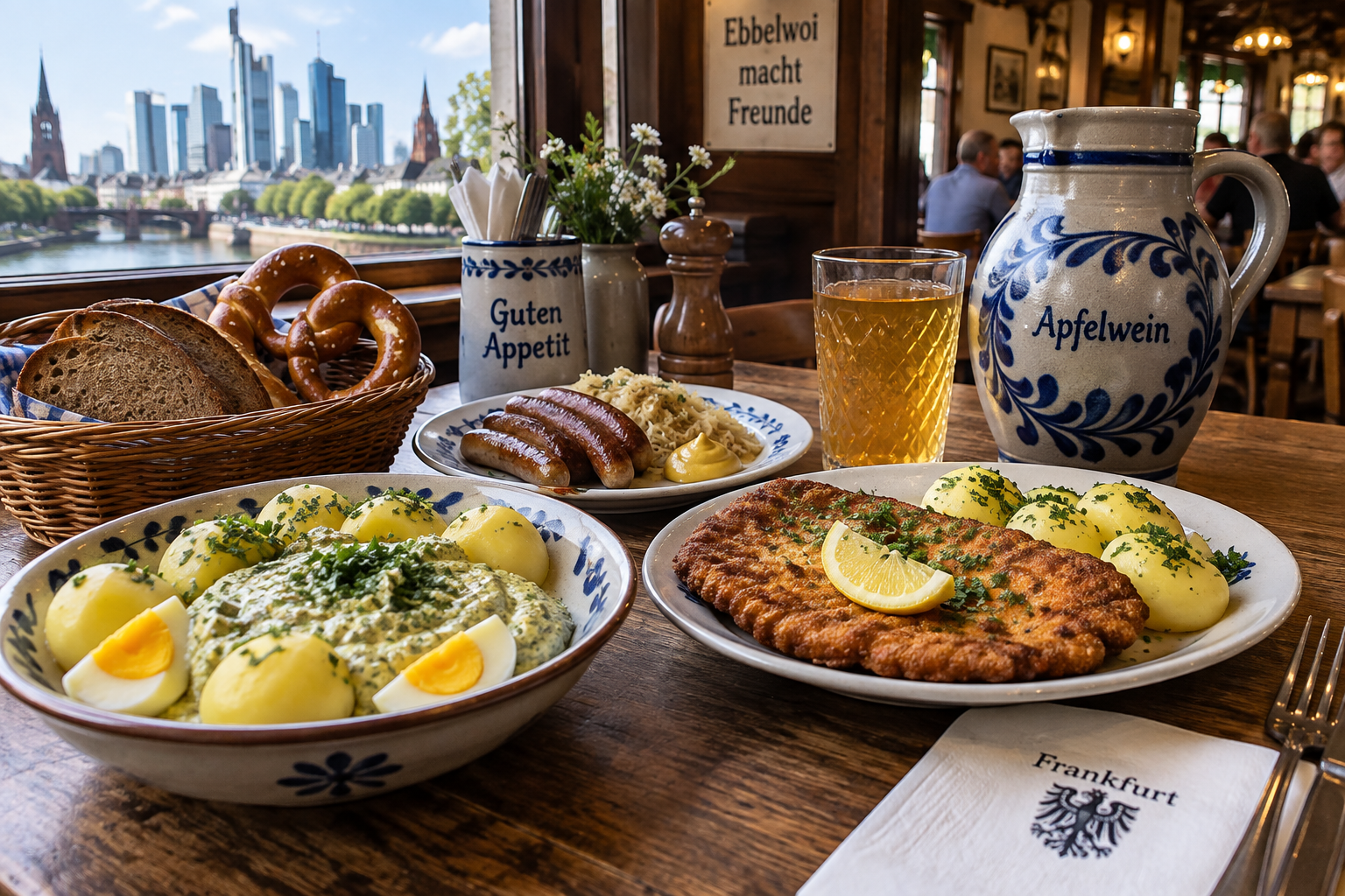 Frankfurt meal with green sauce potatoes schnitzel sausages pretzel and apple wine