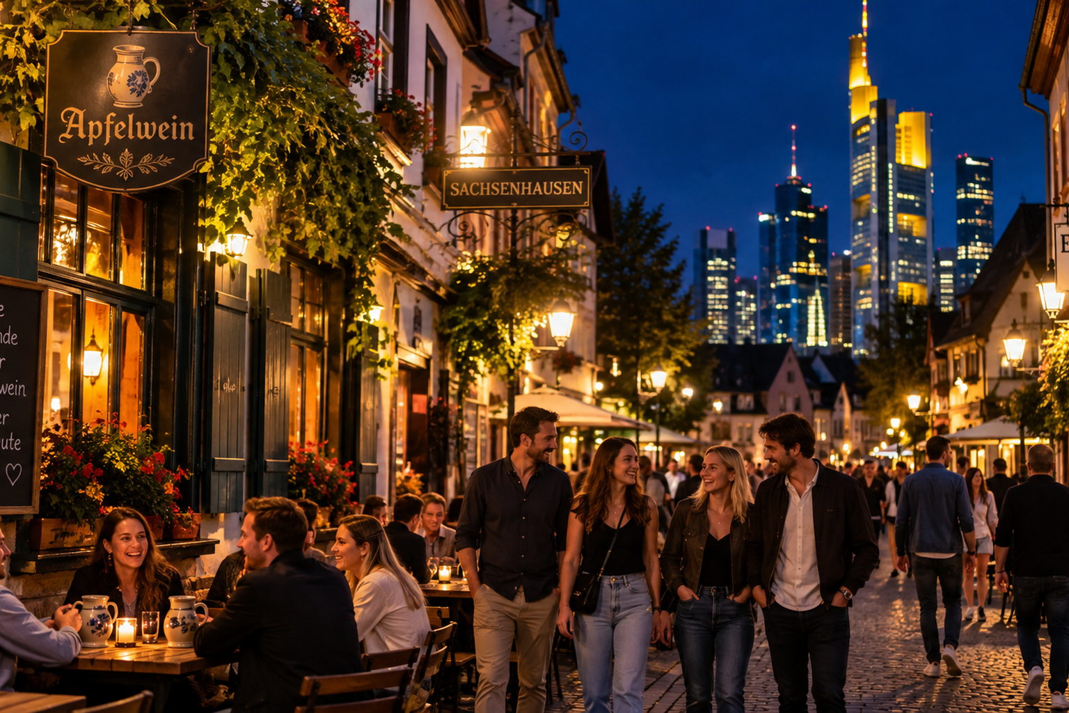 Frankfurt Sachsenhausen nightlife with lively taverns restaurants and friends walking at night