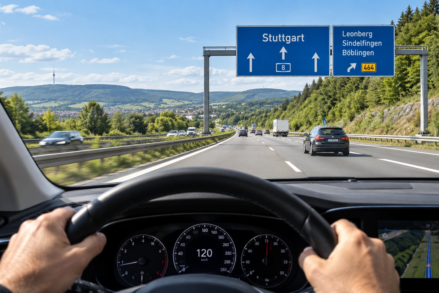 Driver traveling safely on a German Autobahn toward Stuttgart