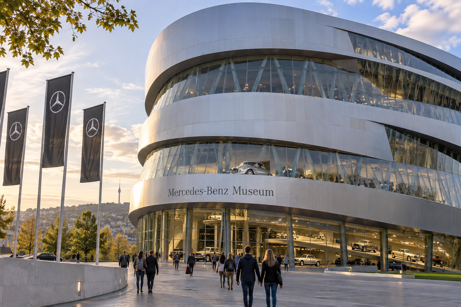 Mercedes-Benz Museum in Stuttgart with visitors approaching the modern building