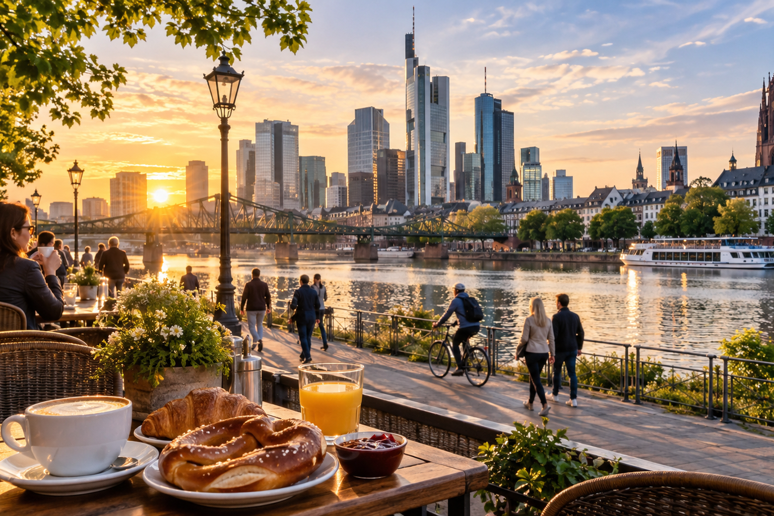 Relaxed Frankfurt riverside café with breakfast and skyline view