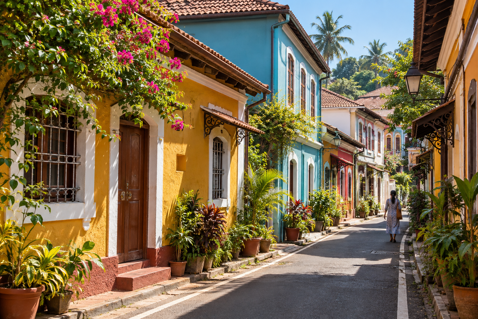 Colorful Portuguese-influenced houses along a quiet Fontainhas lane in Panaji