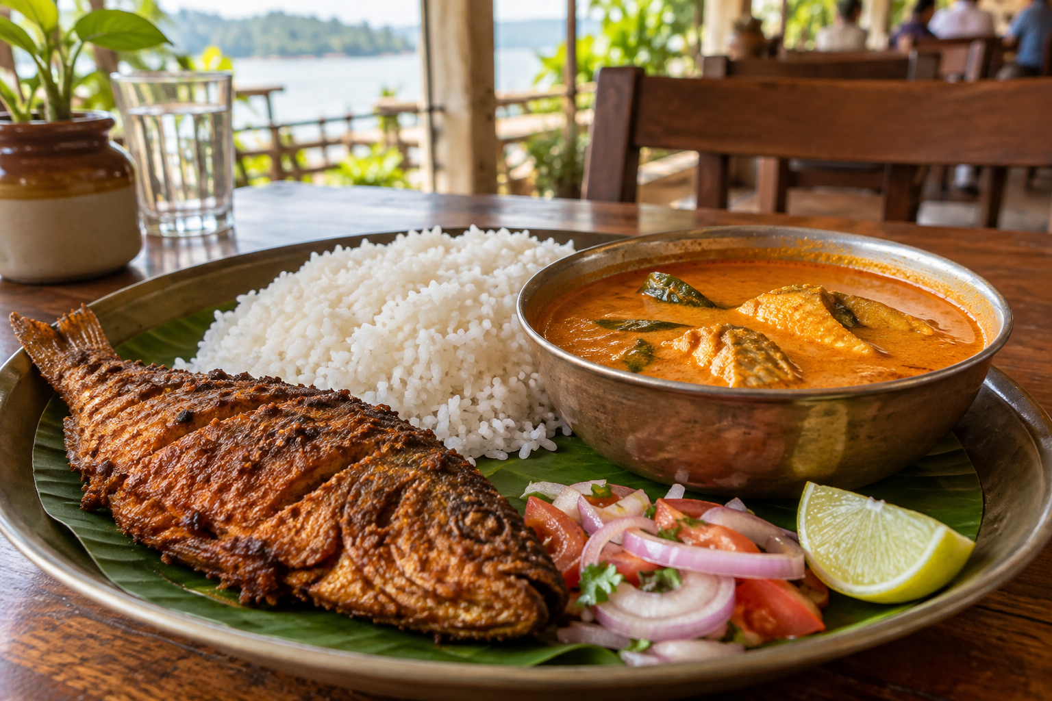Goan fish curry with rice fried fish lime and salad at a shaded restaurant