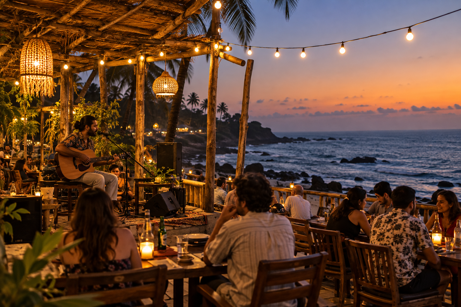 Musician and diners on a relaxed Anjuna beachside terrace at dusk