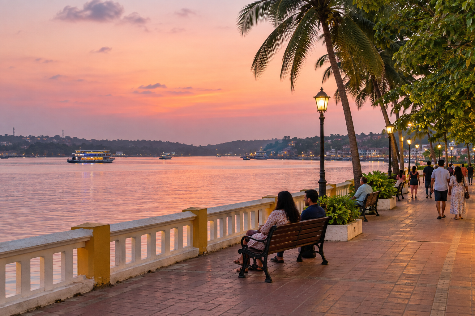 People strolling beside the Mandovi river in Panaji at dusk