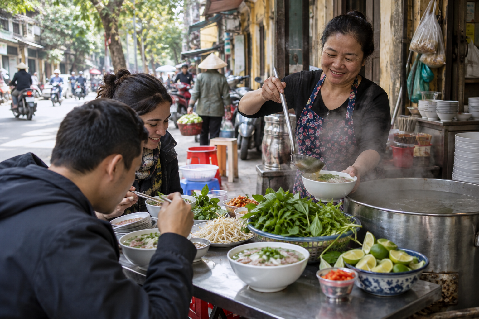Vendor serving steaming Vietnamese pho at a Hanoi sidewalk table
