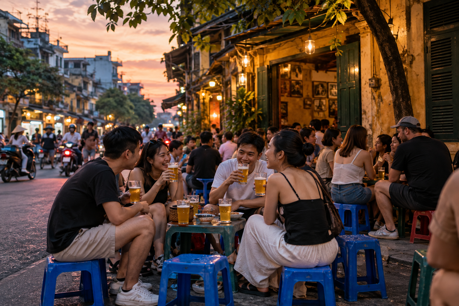 Friends chatting over fresh bia hoi at a Hanoi street-side table at dusk