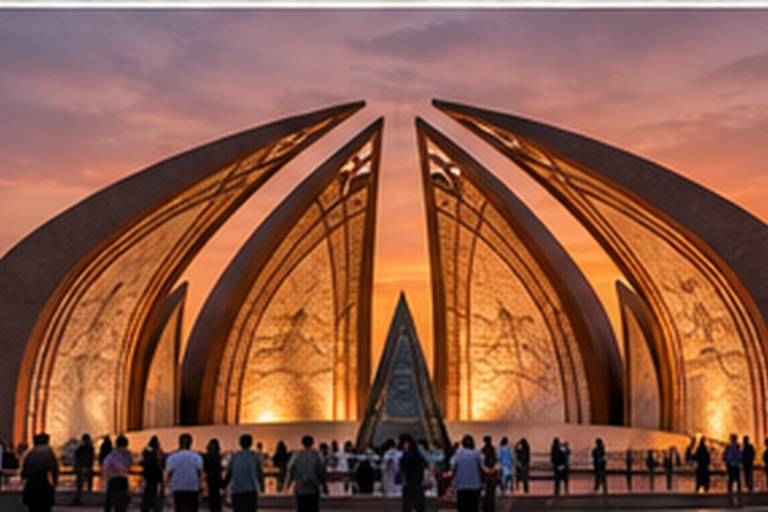 Pakistan Monument illuminated in Islamabad at sunset