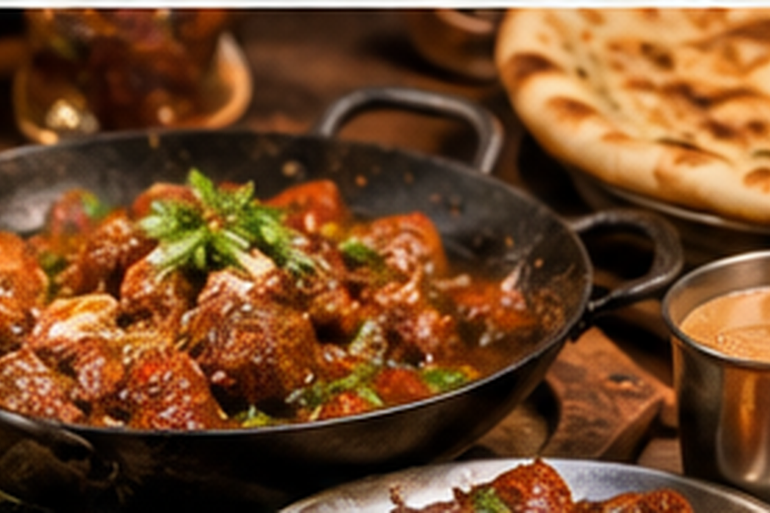 Pakistani karahi, kebabs, naan and chai served for dinner