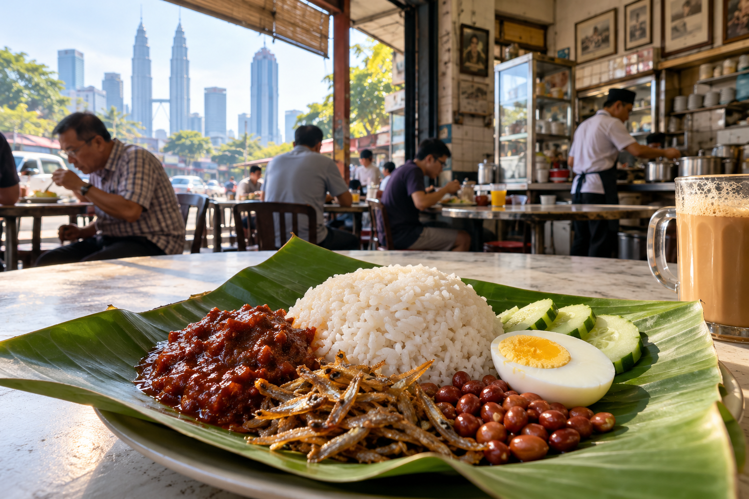 Nasi lemak with rice, sambal, egg, cucumber and peanuts on a banana leaf