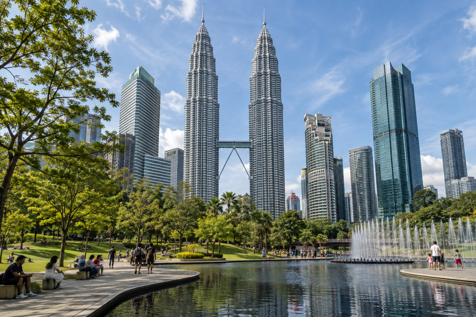 Petronas Twin Towers above the greenery and paths of KLCC Park