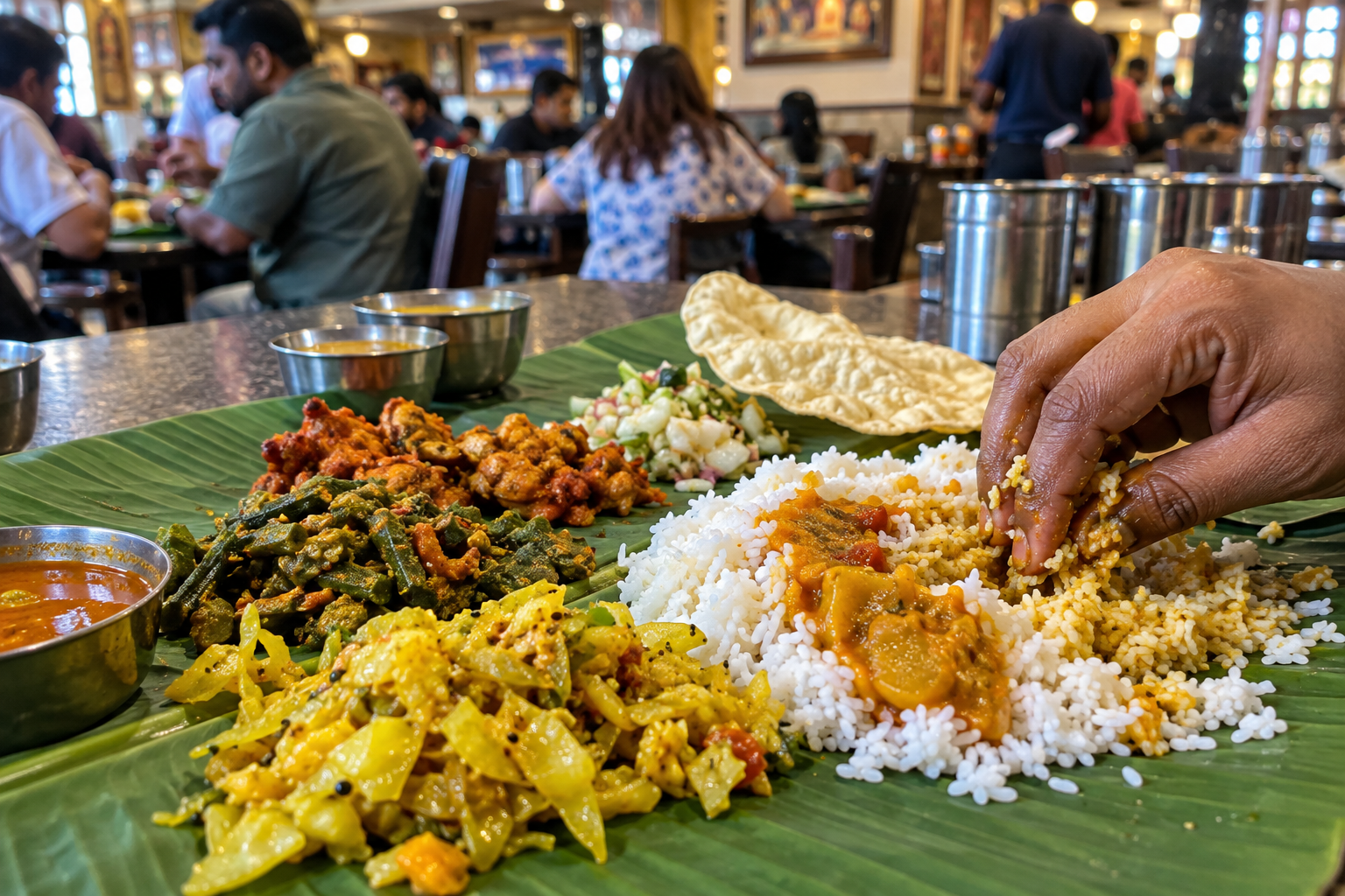 Indian Malaysian banana leaf meal with rice, vegetables, dhal and curry