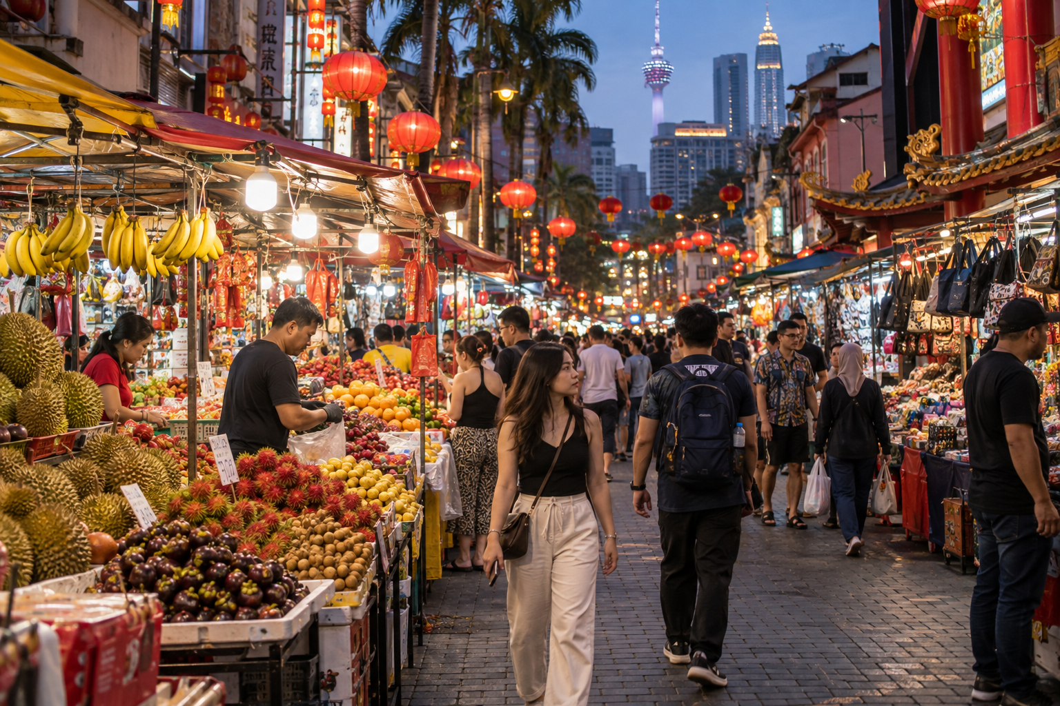 Evening shoppers and fruit stalls on Petaling Street in Kuala Lumpur