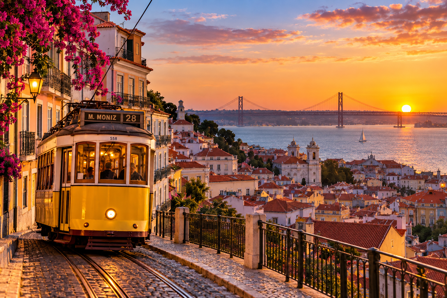 Classic yellow Lisbon tram climbing a steep historic street