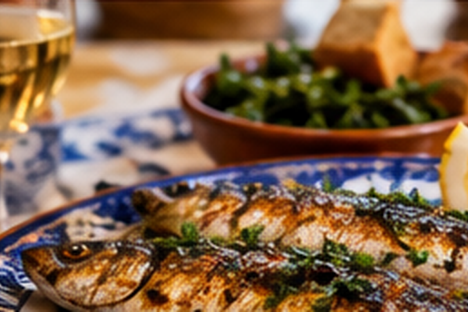 Portuguese seafood meal with grilled fish and fresh accompaniments