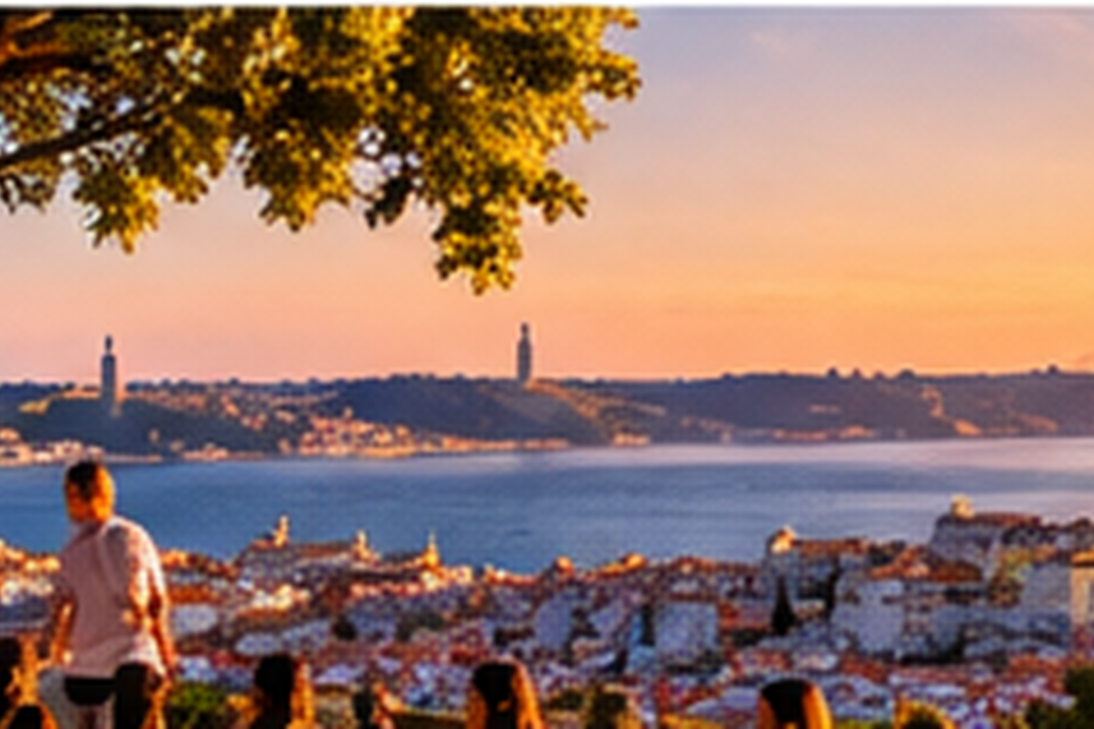 Lisbon viewpoint overlooking red rooftops and the Tagus River at sunset