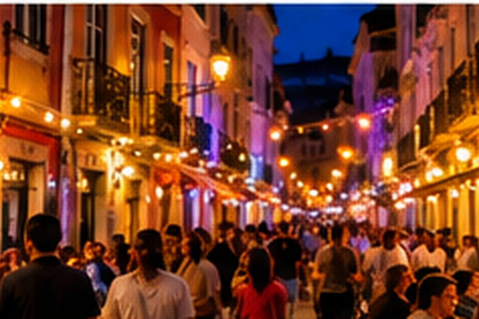 Lively evening street scene in Lisbon with restaurants bars and people socializing