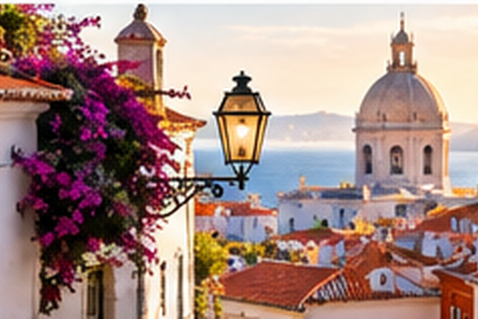 Whitewashed historic Alfama neighborhood with flowers rooftops and river views