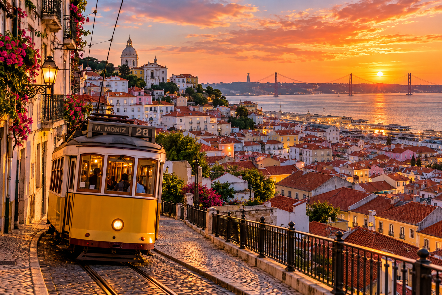 Lisbon hills rooftops tram and Tagus River glowing at sunset