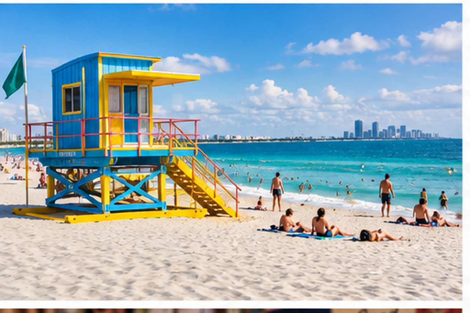Colorful lifeguard tower and turquoise water on Miami Beach