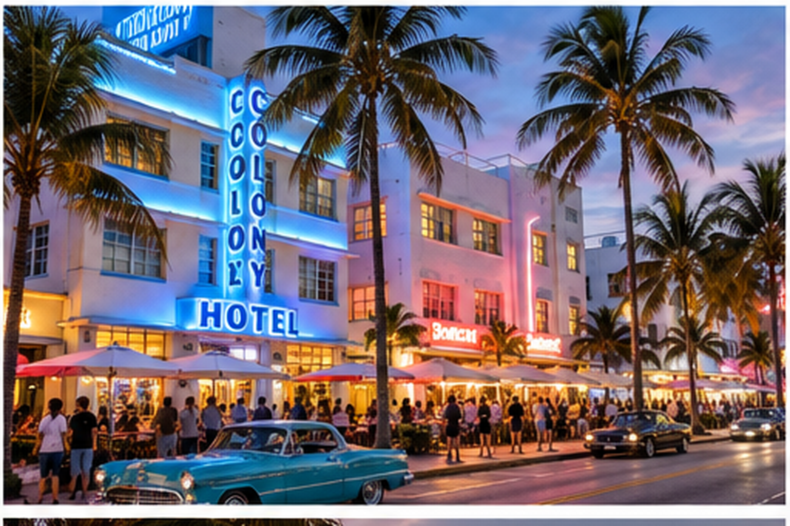 Pastel Art Deco hotels glowing with neon along Ocean Drive Miami Beach