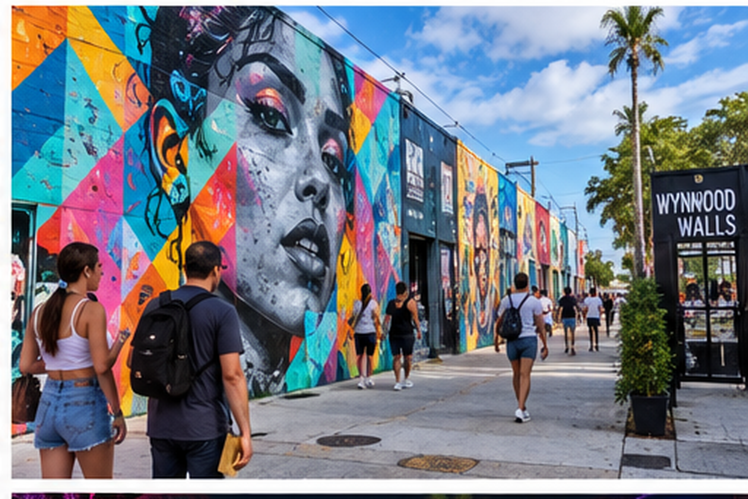 Large colorful street art murals and visitors in Wynwood Miami