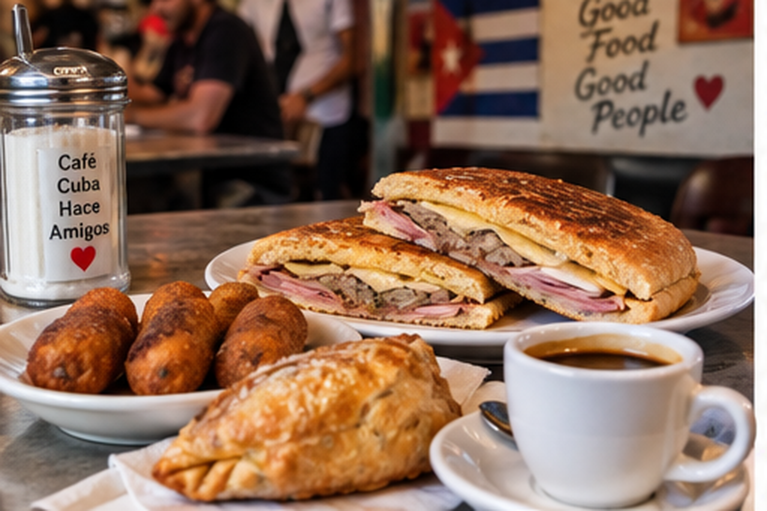 Cuban sandwich croquetas pastelito and coffee served at a Miami cafe