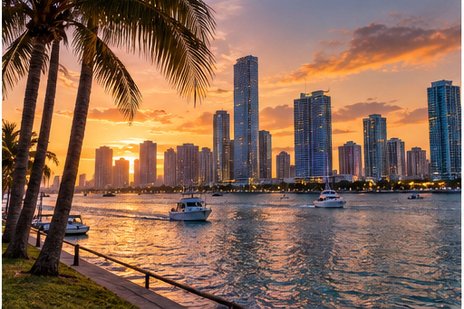 Miami skyline and Biscayne Bay glowing at sunset with palm trees and boats